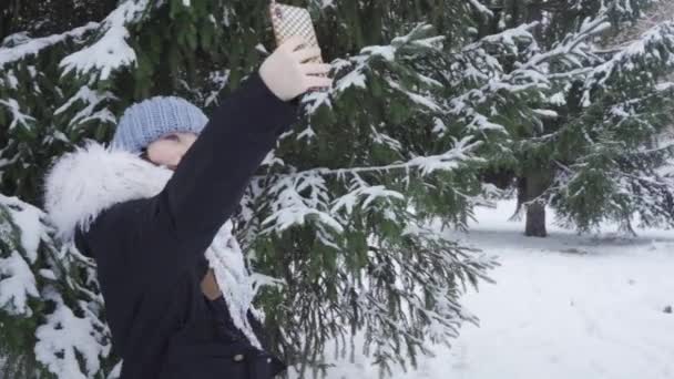 Una adolescente sonriente se toma selfies en un parque de invierno junto a un abeto cubierto de nieve — Vídeo de stock