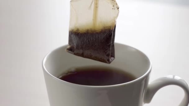 Een zak zwarte thee brouwen in een keramische mok. Witte achtergrond — Stockvideo