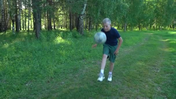A boy is kicking a ball while practicing in a summer park. Slow motion — Wideo stockowe