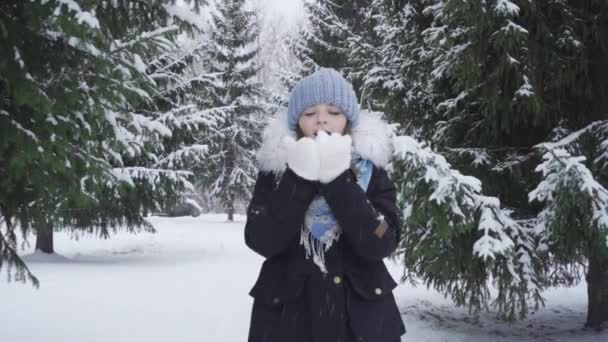 Портрет щасливої, блакитноокої дівчини-підлітка в засніженому парку — стокове відео