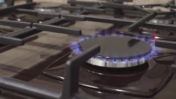 Moderní kuchyňský sporák s modrými plameny hoří. — Stock video