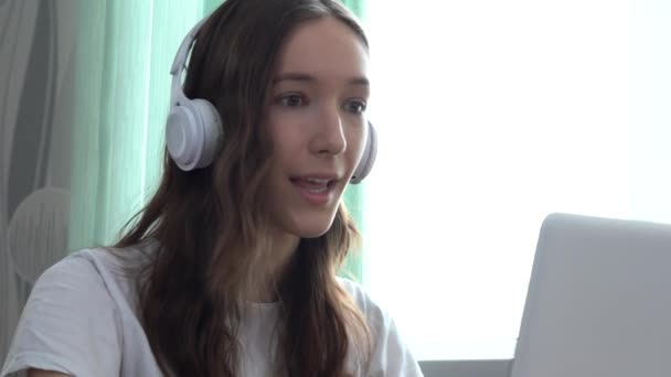 Το χαρούμενο κορίτσι επικοινωνεί εξ αποστάσεως μέσω του Διαδικτύου — Αρχείο Βίντεο