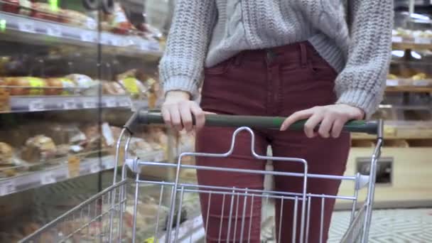 Primer plano de una joven compradora moviendo un carro vacío por los pasillos de un supermercado — Vídeos de Stock