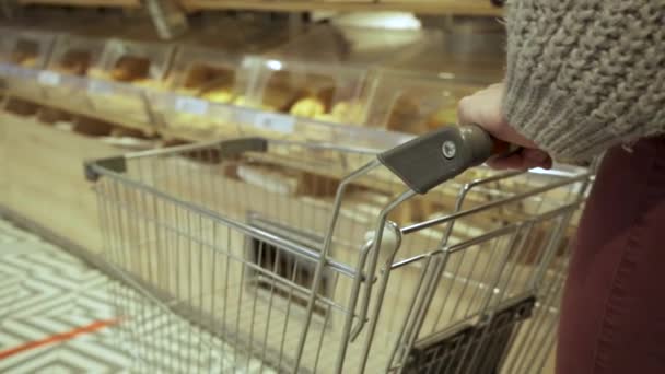 Primo piano di una giovane donna che fa compere mentre muove un carro vuoto attraverso i corridoi di un supermercato — Video Stock