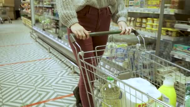 Gros plan d'une jeune femme qui déplace un chariot d'épicerie dans les allées d'un supermarché, concept de vente et de magasinage — Video