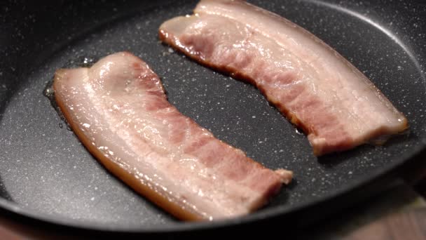 Närbild av bacon skivor i stekpanna. — Stockvideo