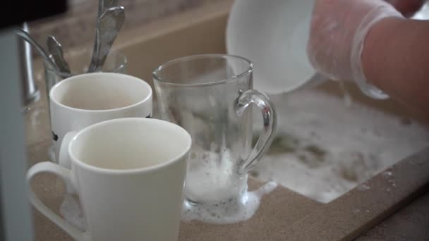 Close-up de um prato de lavar as mãos das mulheres na pia da cozinha — Vídeo de Stock