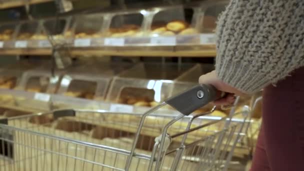 Крупный план молодой женщины-покупателя руки перемещая пустую тележку через проходы супермаркета — стоковое видео