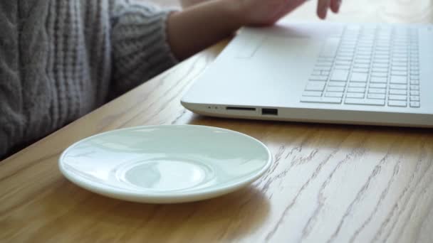 女性の手作業でノートパソコンでカフェ — ストック動画
