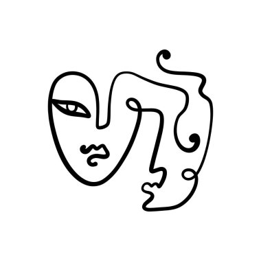 Siyah mürekkep modern soyut yüz portresi. Doğrusal sanat çağdaş resim. Moda tarzı minimalist çizim. Poster tasarımı ve daha fazlası için iyi. Vektör illüstrasyonu