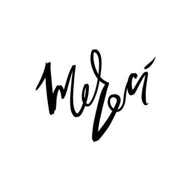 Mürekkep fırçası harfleri. Fransızca ve el yazısıyla yazılan yazı ile teşekkür ederim. Beyaz arkaplanda modern siyah yazı tipi kelimesi. Kartpostal, tebrik kartı ve daha fazlası için iyi..