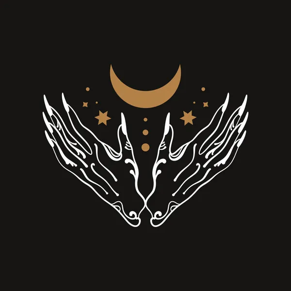 Mano mágica de bruja. Manos sosteniendo la luna creciente. Estilo místico boho. — Vector de stock