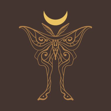 Sihirli ay güvesi ruhani hayvan. Modern cadı mistik logosu. Mistik sihirli astroloji ay sembolü. Düz çizgi süsleme sanatı.