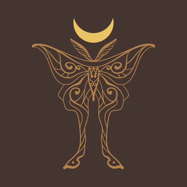 Moth luna magique animal spirituel. Logo mystique moderne de sorcellerie. Astrologie magique mystique symbole lunaire. Ligne plate art orné. — Image vectorielle