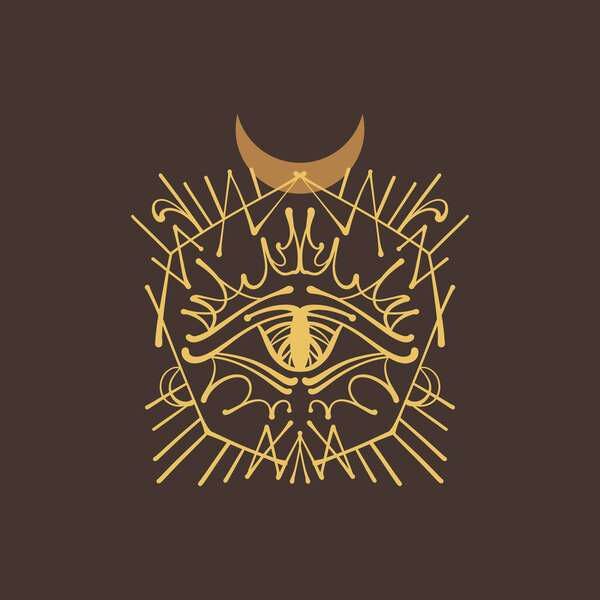 Магия оккультного священного глаза искусства Провидения. Дизайн татуировки. Масонский символ. Все видят пирамиду треугольника. Сакральная геометрия, оккультизм, духовность.