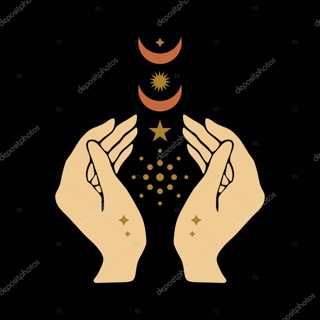 Magical girl hands art mystical Reiki meditation witch symbol vector illustration