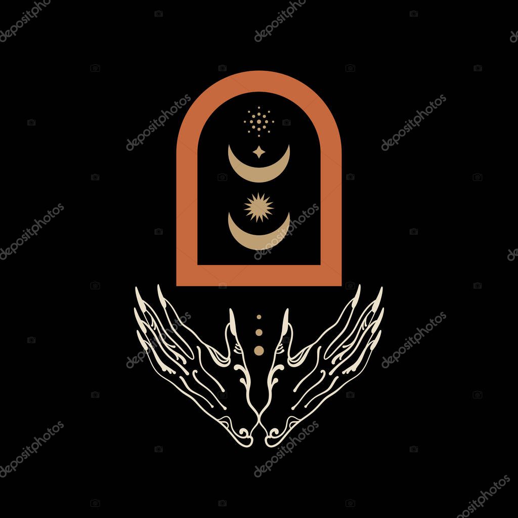 Magical girl hands art mystical Reiki meditation witch symbol vector illustration