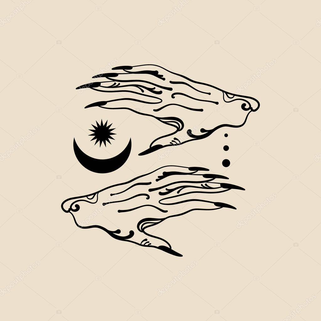Magical girl hands art mystical Reiki meditation witch symbol vector illustration