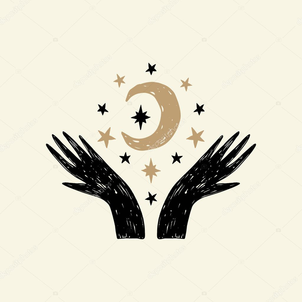 Magical girl hands art mystical Reiki meditation witch symbol vector illustration