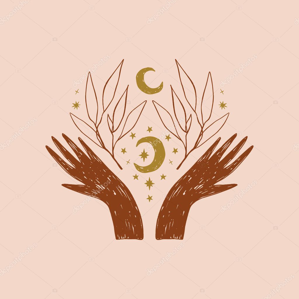 Magical girl hands art mystical Reiki meditation witch symbol vector illustration