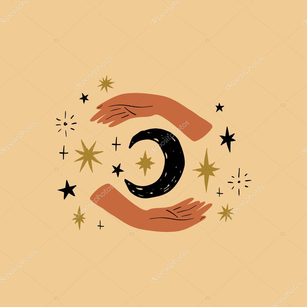 Magical girl hands art mystical Reiki meditation witch symbol vector illustration