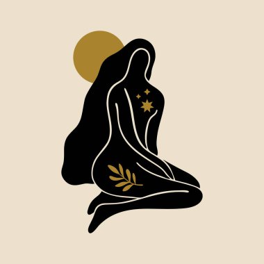 Boho kutsal sihirli kadın mistik sembol düz güzel kız yoga bütünsel iyileştirme meditasyonu Reiki yeni çağ konsepti modern soyut siluet
