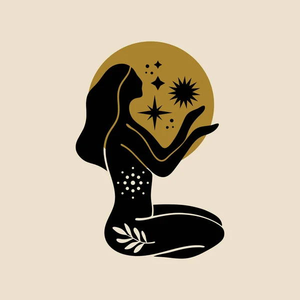 Boho神聖な魔法の女性神秘的なシンボルフラット美しい女の子ヨガホリスティックヒーリング瞑想Reiki新しい年齢の概念現代抽象的なシルエット — ストックベクタ