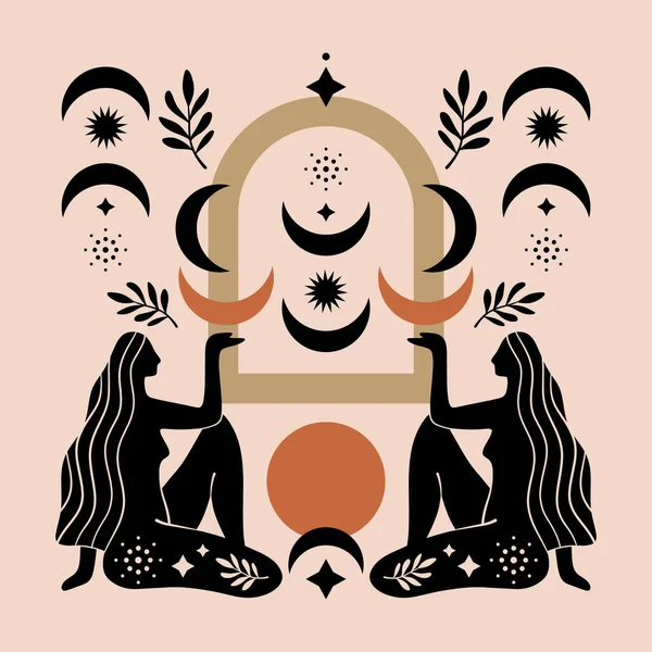Boho kutsal sihirli kadın mistik sembol düz güzel kız yoga bütünsel iyileştirme meditasyonu Reiki yeni çağ konsepti modern soyut siluet