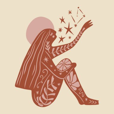 Sihirli kadın kutsal Reiki enerji meditasyonu gece vektör çizimi