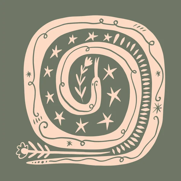 Magia Boho Doodle Scandi Círculo Serpiente Animal Vector Ilustración — Archivo Imágenes Vectoriales
