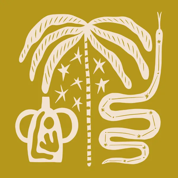 Magic Boho Doodle Snake Animal Palm Tree Jungle Vase Vector — Stock Vector