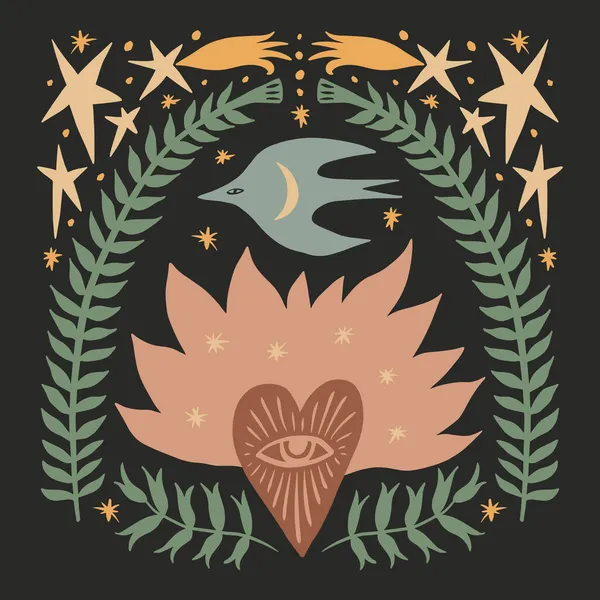 Boho天真的手绘风格艺术鸟和神圣的心夜星热爱和平与自由的概念 — 图库矢量图片