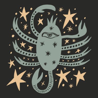 Akrep burcu uzay yıldızları naif funky el çizimi şekilli sanat eserleri