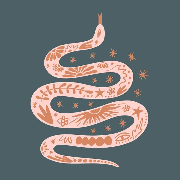 Boho Serpente Ornato Animale Bohemien Ingenuo Funky Stile Disegnato Mano — Vettoriale Stock