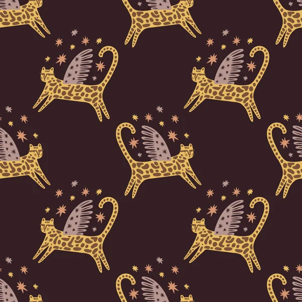 Winged Leopard Katt Boho Naiv Funky Handritad Stil Konst Vektorillustration — Stock vektor
