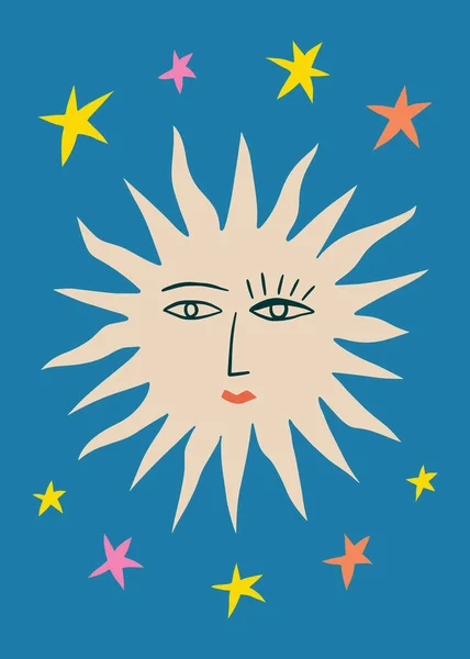 Sol e estrelas boho ingênuo funky artesanal estilo arte —  Vetores de Stock