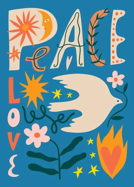 Vrede liefde collage tekst boho naïef funky handgetekend brieven stijl kunst — Stockvector