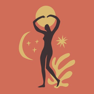 Boho kutsal sihirli kadın mistik sembol düz bütünsel meditasyon Reiki yeni çağ konsepti modern soyut siluet