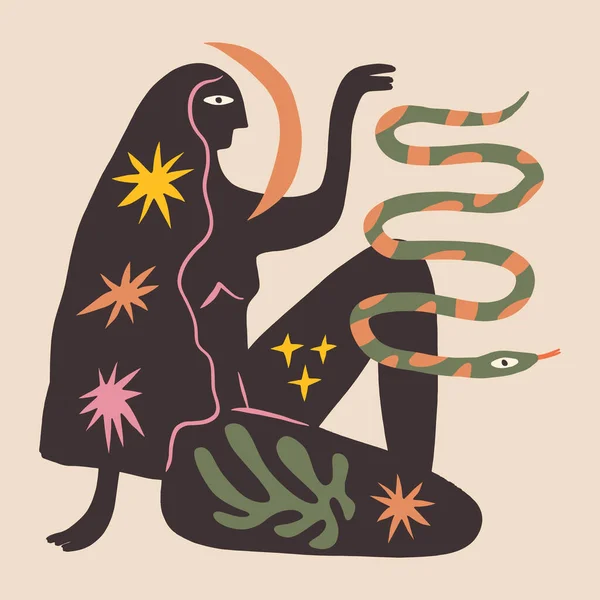 Boho femme magique et serpent personnages mystiques holistique guérison méditation nouveau concept d'âge — Image vectorielle