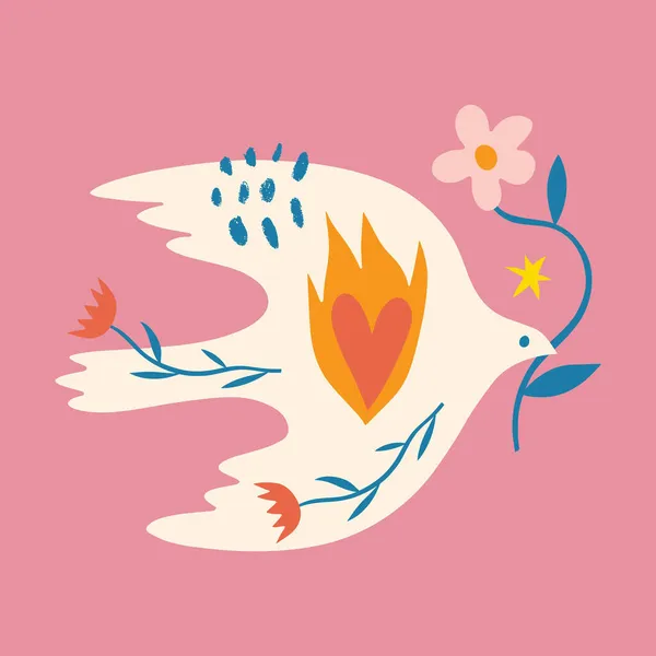 Dove of Peace bird boho naive funky handdrawn style art — Stock Vector