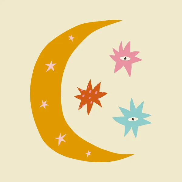 Moon och stjärnor barnslig tecknad boho naiv funky handritad stil konst — Stock vektor