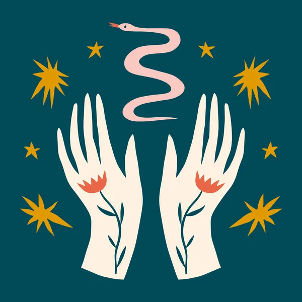 Ruce drží had dětinské karikatury boho naivní funky ručně kreslený styl umění — Stockový vektor