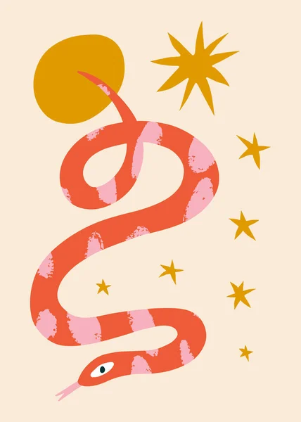 Serpiente estilo infantil boho ingenua arte dibujado a mano funky — Vector de stock