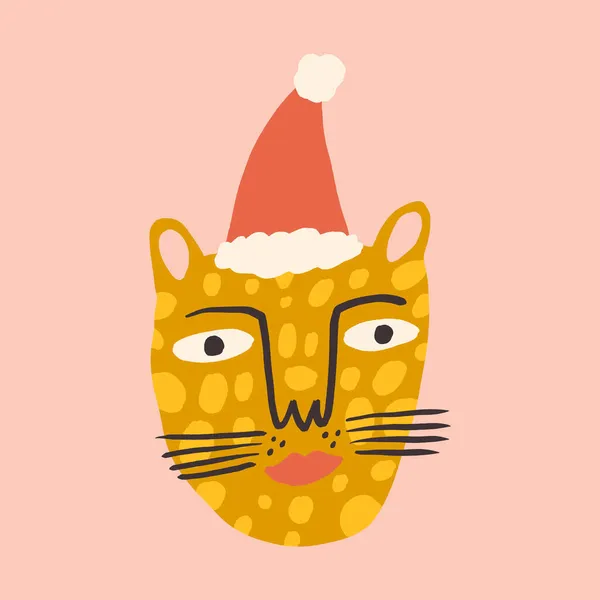 원문 기사보기 크리스마스 두들 캐릭터 고양이 레오 (cat leopard) - 산타 키친 만화 boho naive funky handdraw style vector — 스톡 벡터