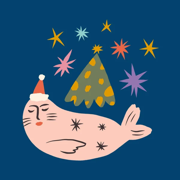 성탄절 두들 캐릭터 물갈퀴 일본 만화보기 순진하고 손으로 그린 스타일의 미술 벡터 — 스톡 벡터