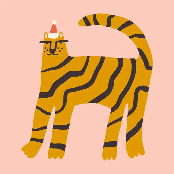 Natal doodle personagem tigre gato infantil desenho animado boho ingênuo funky artesanal estilo arte vetor —  Vetores de Stock