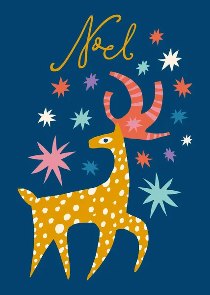 Minimalist İskandinav Noel el yazısı, içinde geyik resmi olan çocuksu çizgi film boho naif el yapımı sanat vektörü. — Stok Vektör