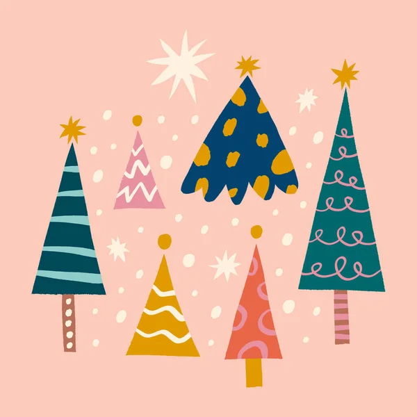 クリスマススキャンディナヴィアは木の子供っぽい漫画の落書きboho素朴なファンキーな手書きスタイルのアートシームレスパターンベクトルを振りかける — ストックベクタ