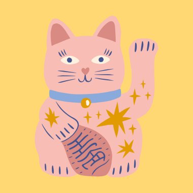 Maneki Neko geleneksel Asya kedisi çocuksu çizgi film harika boho illüstrasyon naif el yapımı sanat vektörü