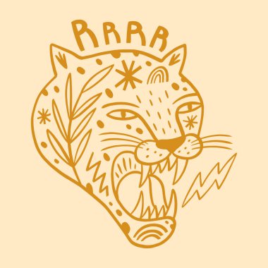 Kükreyen vahşi kedi leoparı çocuksu çizgi film karikatürü, harika karalama naif el yapımı sanat vektörü.